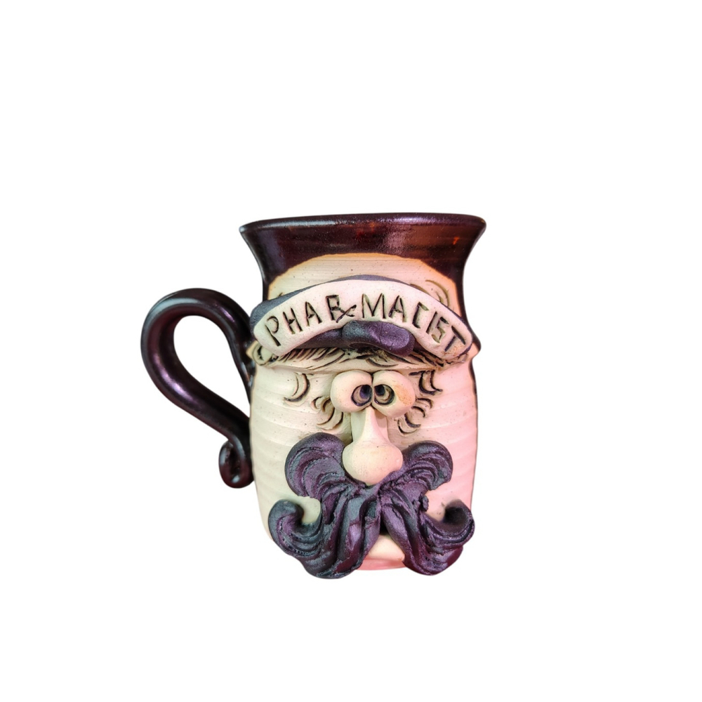 Pharmacist Mug Folk Art Pottery Ugly Face 3D Mustache Novelty sgnd Bradford 8oz